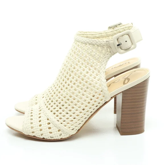 Sam Edelman Evie Basket Weave Heeled Leather Sandals Women 7 Off White/Brown - Picture 8 of 16